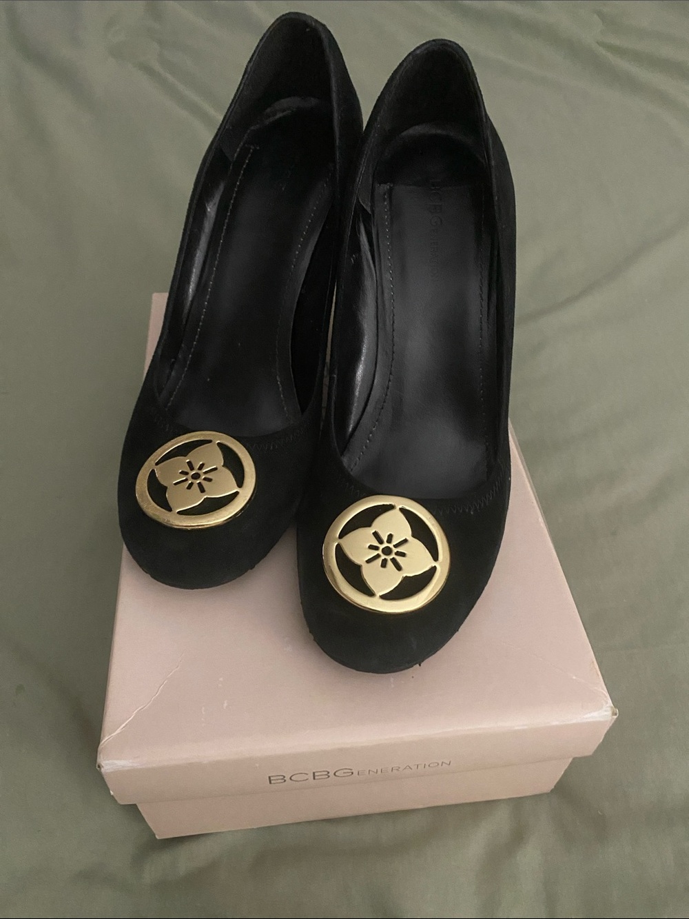 BCBGeneration Black Suede Wedge Pumps with Gold Accent